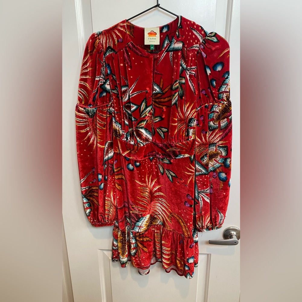 Farm Rio Winter Leaf Velvet Silk-Blend Mini Dress